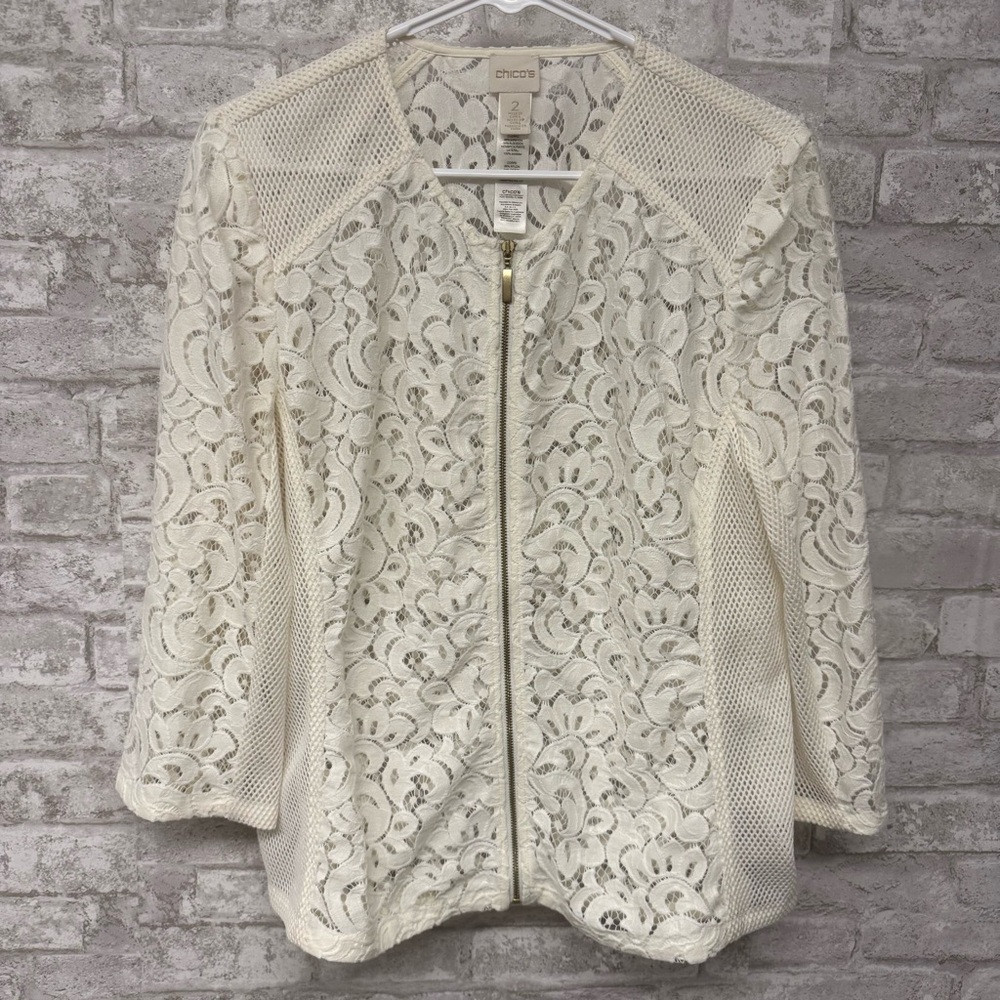 Chico’s All Over Lace Jacket‎ Women’s Large White Zip Up
